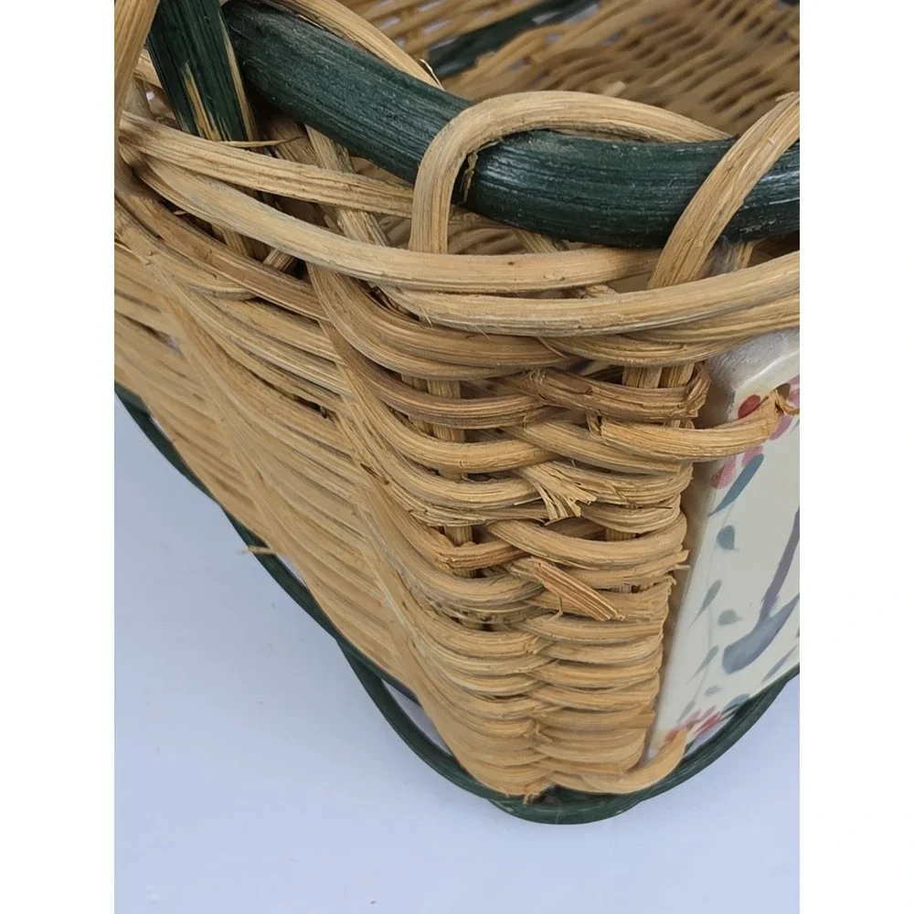 Woven Wicker Basket With Painted Ceramic Tile Accents Gardening Theme Handles